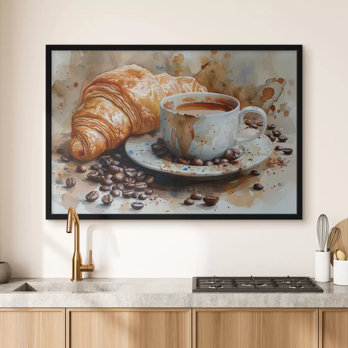 Poster Croissant, Morgen, Croissant und Tasse Kaffee, Aquarell f40782