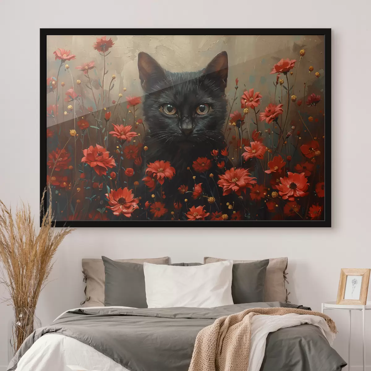 Poster Katze, Blumen, schwarze Katze f40839