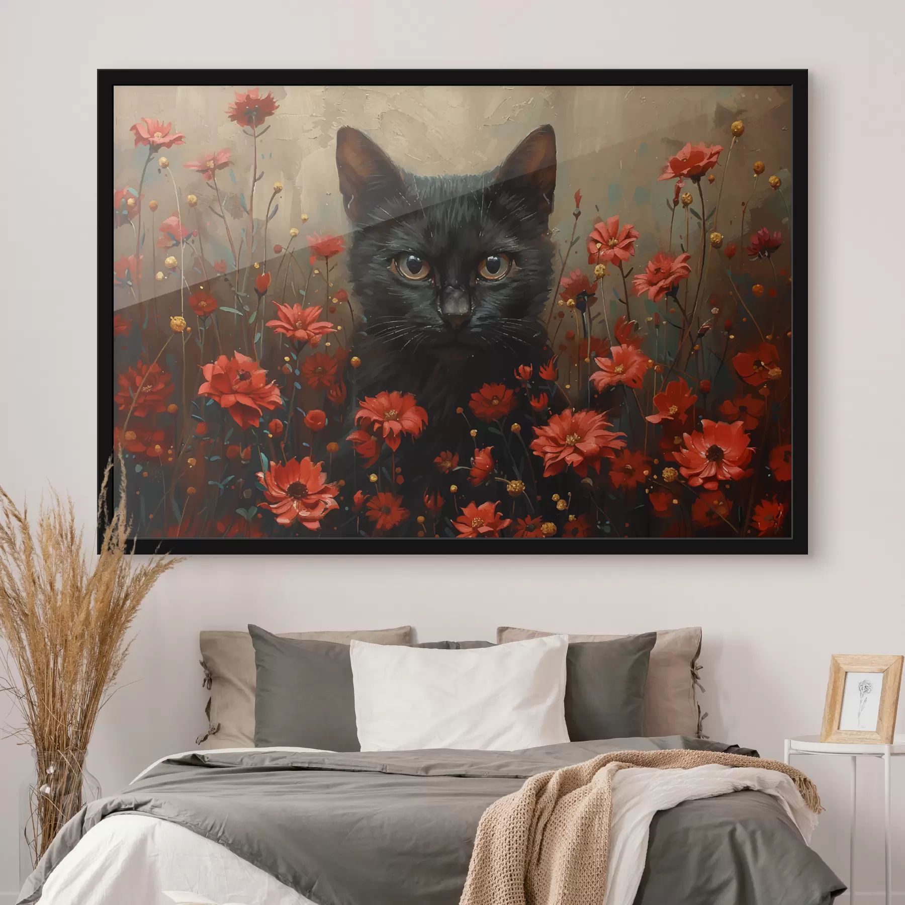 Fototapete Katze, Blumen, schwarze Katze f40839