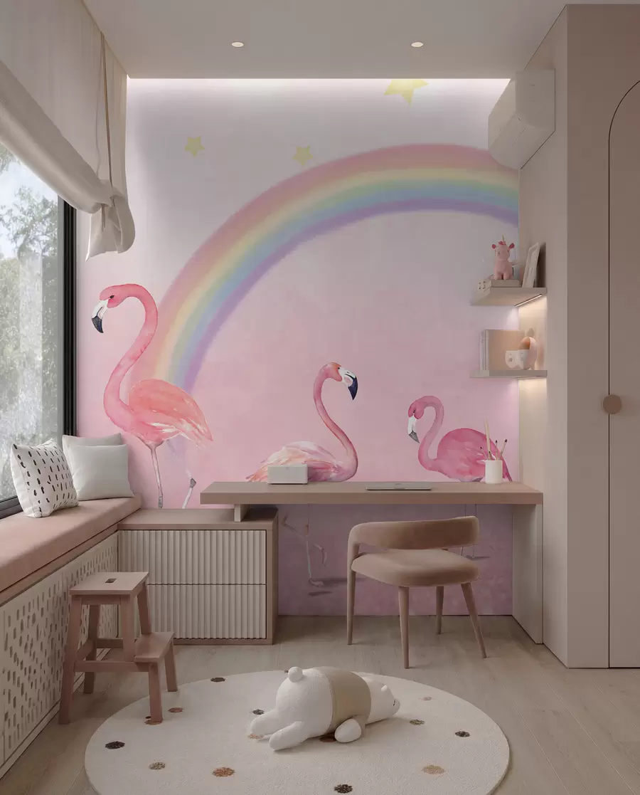Fototapete Vogel, Regenbogen und großer Flamingo u29070
