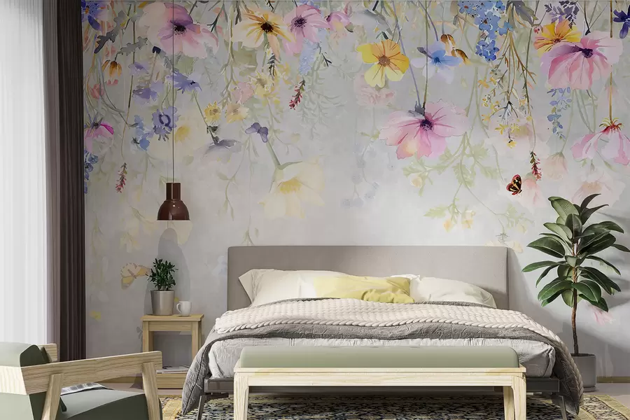 Fototapete Bunte Blumen mit rosa, gelben und blauen Blumen, die von der Spitze auf strukturiertem grauem Hintergrund hängen w08309
