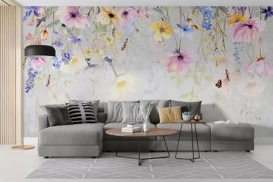 Fototapete Bunte Blumen mit rosa, gelben und blauen Blumen, die von der Spitze auf strukturiertem grauem Hintergrund hängen w08309