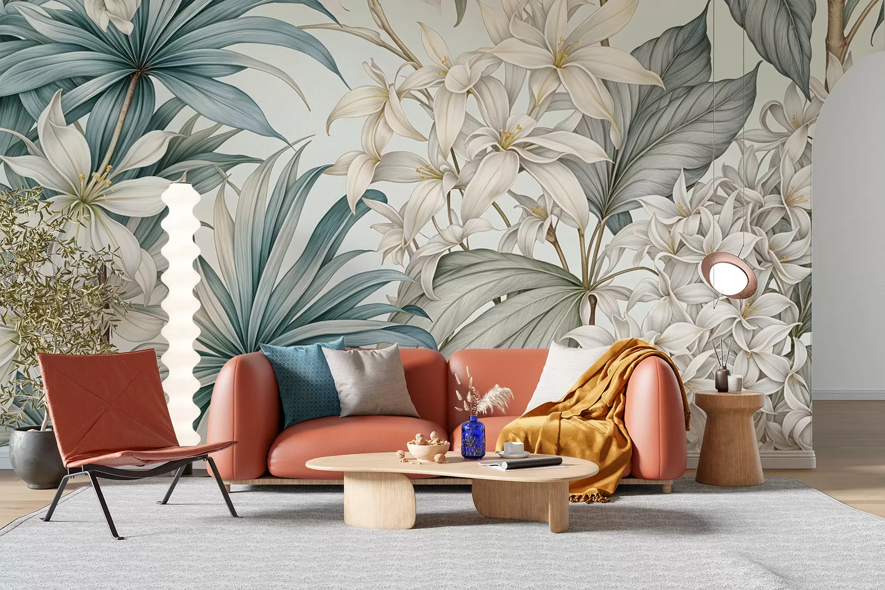 Fototapete Ein tropischer Blumendruck mit großen weißen und hellblauen Blumen, grünen Blättern und einem neutralen Hintergrund w08318