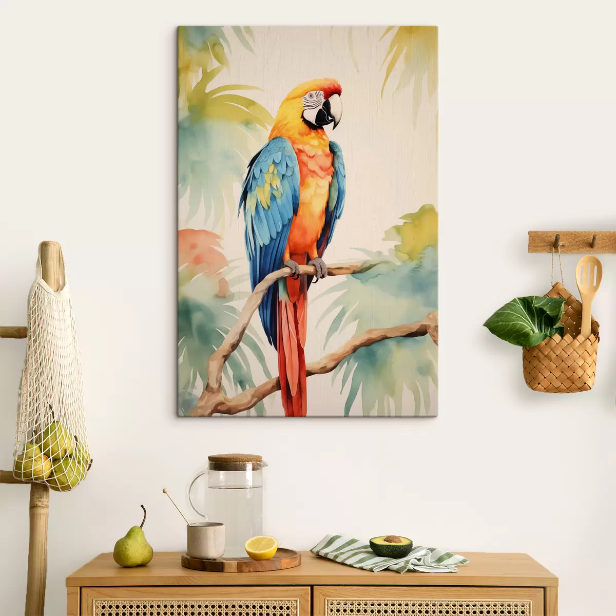 Wandbilder Ein bunter Ara-Papagei sitzt auf einem Ast s40879