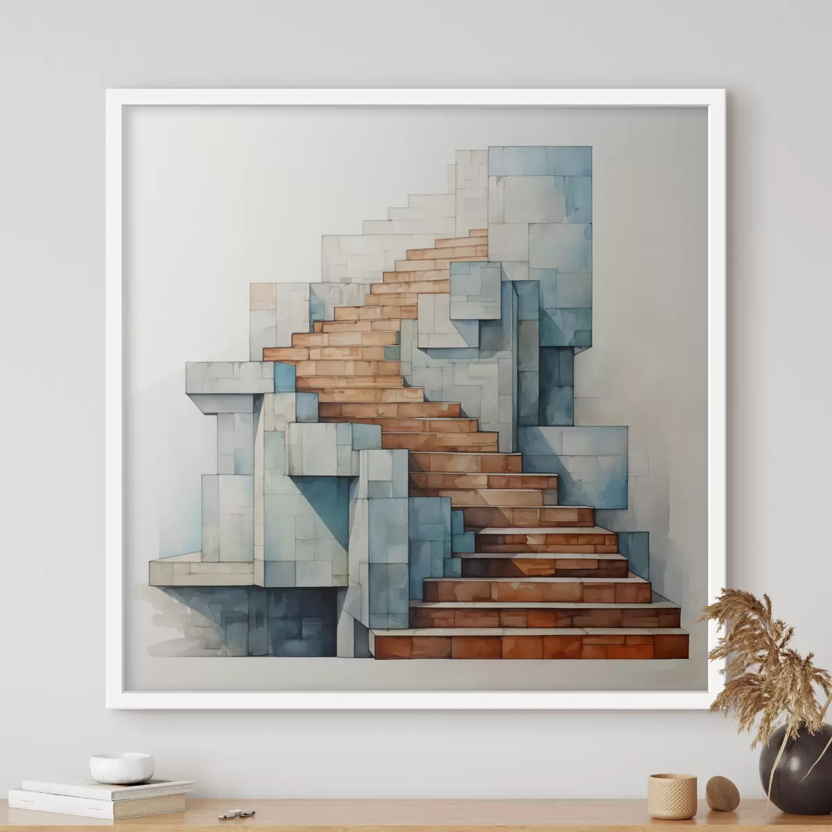 Poster Steintreppe abstrakte architektonische Landschaft Aquarell f40891