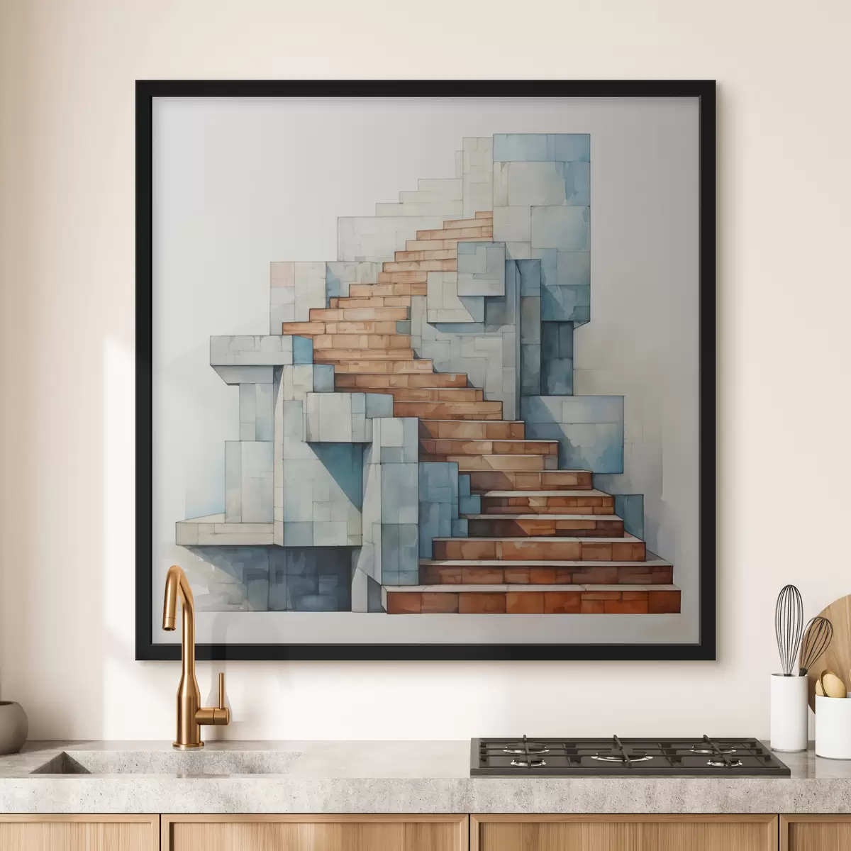 Poster Steintreppe abstrakte architektonische Landschaft Aquarell f40891