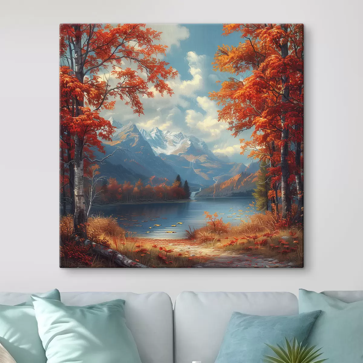 Wandbilder Herbstlandschaft vor der Kulisse der Berge in der Nähe eines Teiches s40903