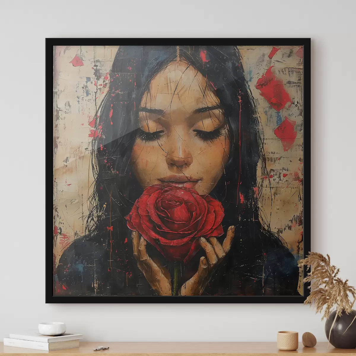 Poster Mädchen mit einer roten Rose f40898