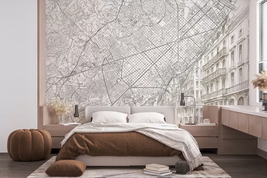 Fototapete Barcelona Stadtplan, Strichzeichnung, Architektur, Spanien, beige Farben w01695