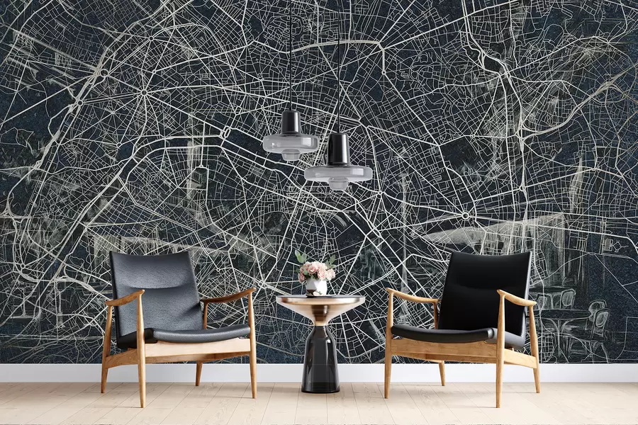 Fototapete Pariser Stadtplan, Strichzeichnung, Architektur, Frankreich, dunkle Farben w01697v1