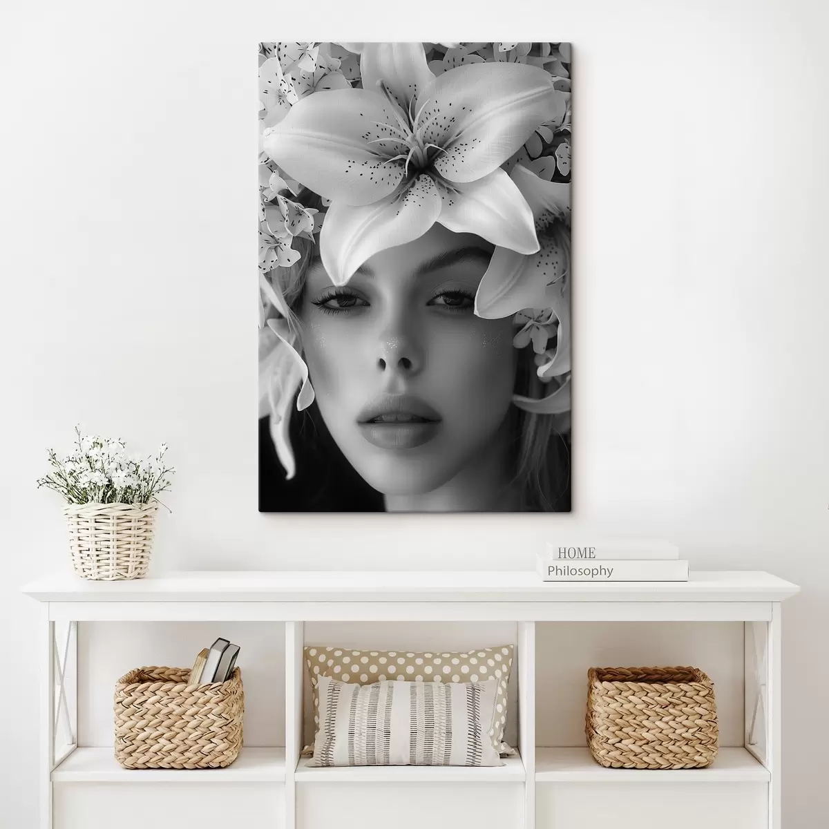 Wandbilder Weiße große Lilien und das Gesicht eines Mädchens s40937