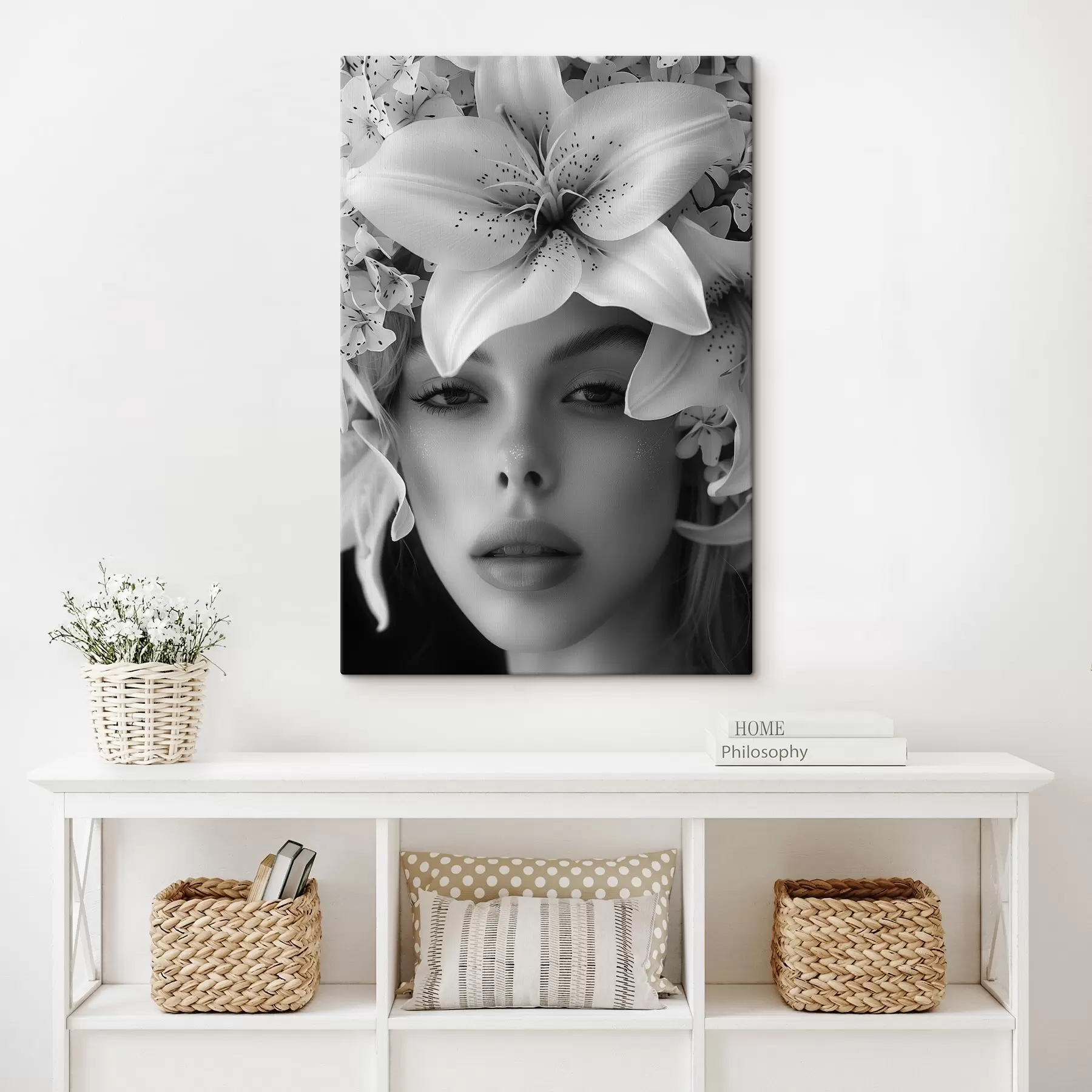 Wandbilder Weiße große Lilien und das Gesicht eines Mädchens s40937