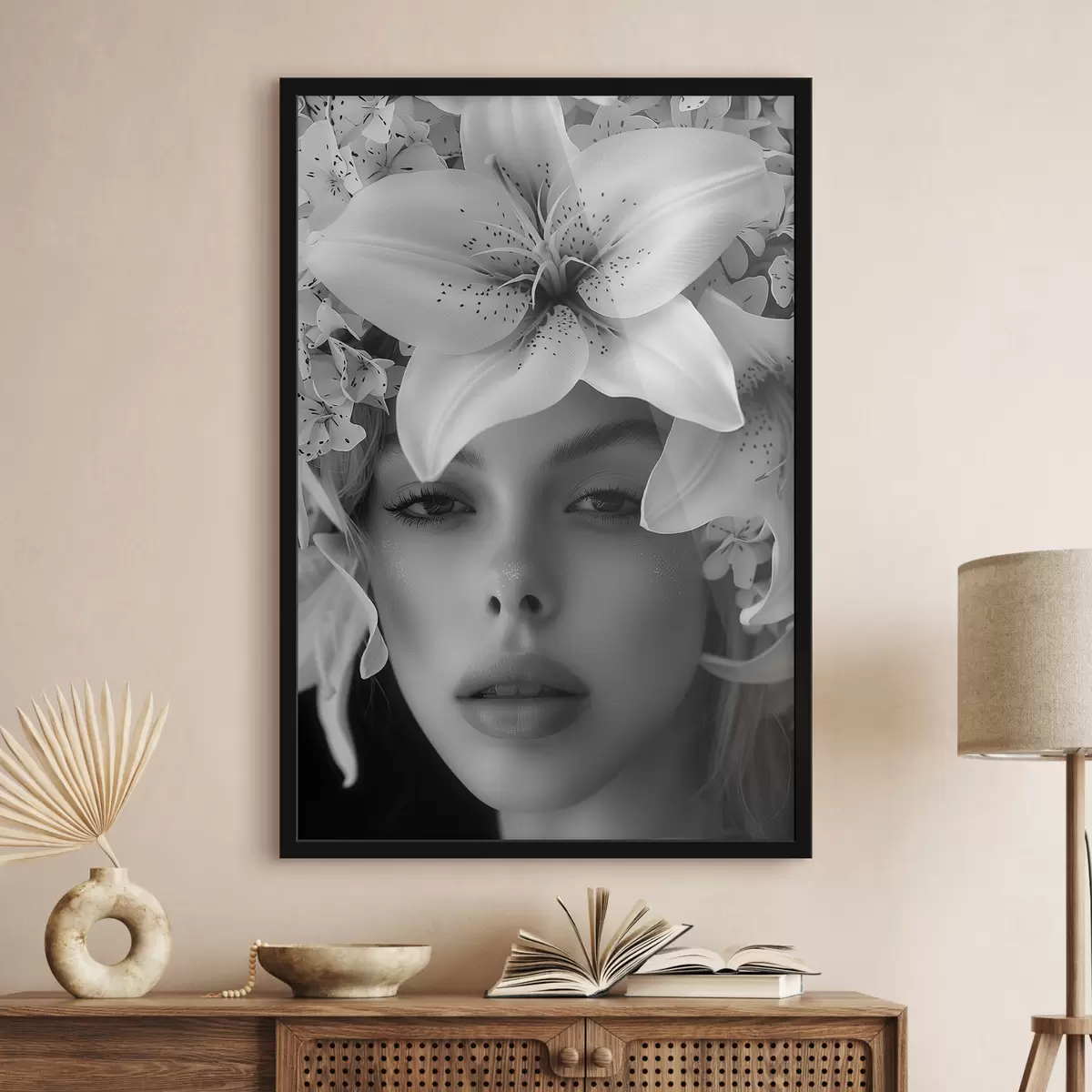 Poster Weiße große Lilien und das Gesicht eines Mädchens f40937