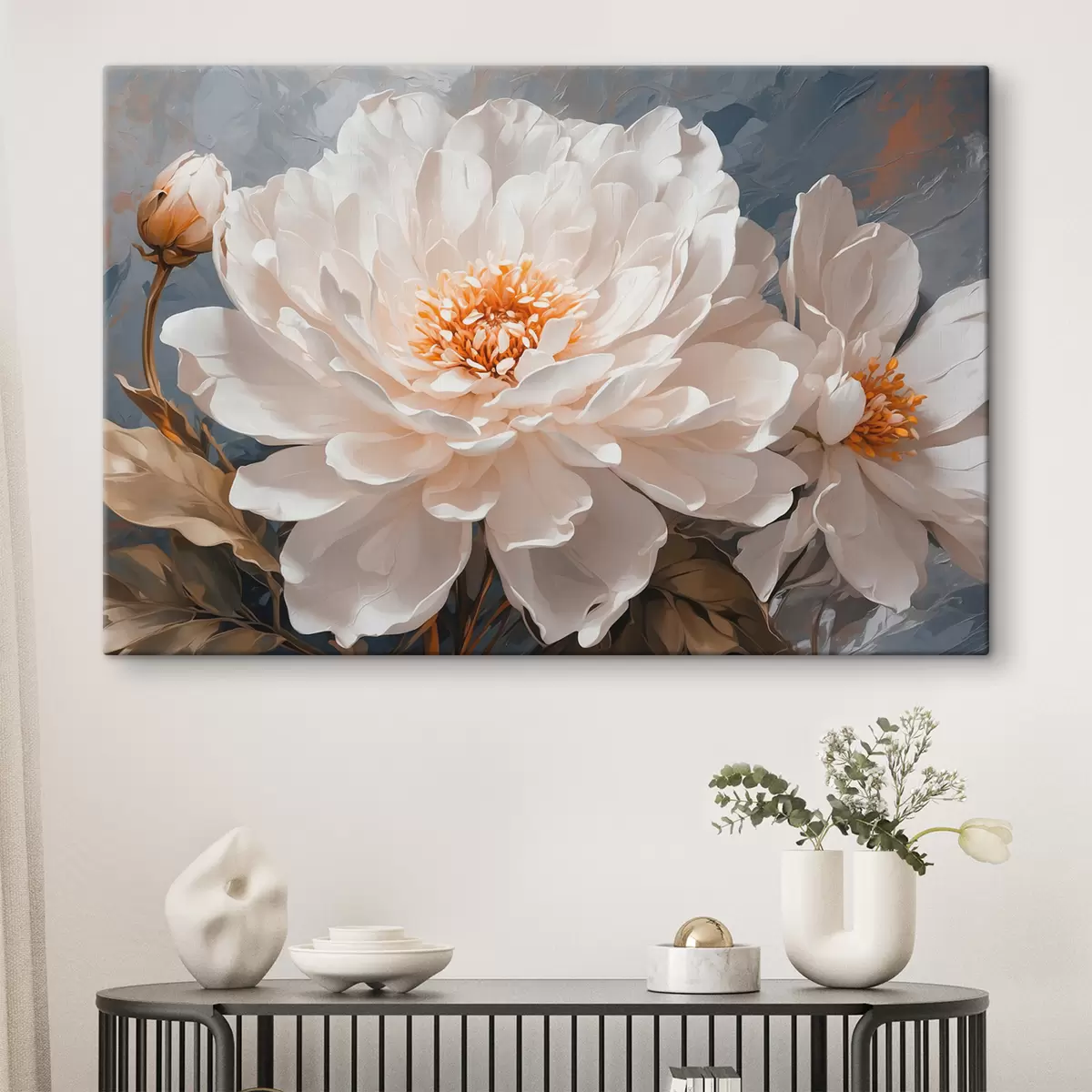 Wandbilder Weiße Blumen auf grauem Hintergrund s40868