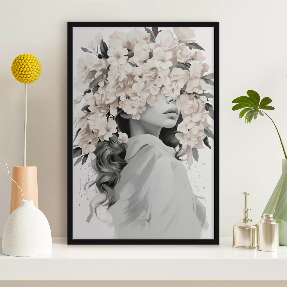 Poster Mädchen mit Blumen im Gesicht in schwarzen und weißen Farben f40849