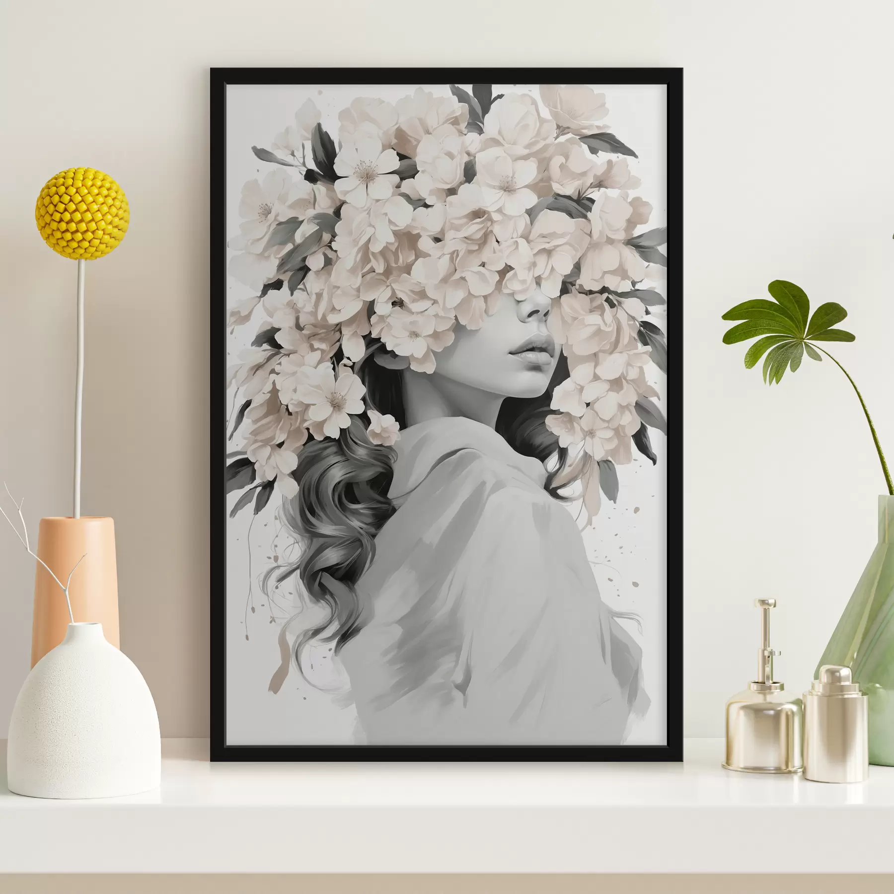 Wandbilder Mädchen mit Blumen im Gesicht in schwarzen und weißen Farben f40849