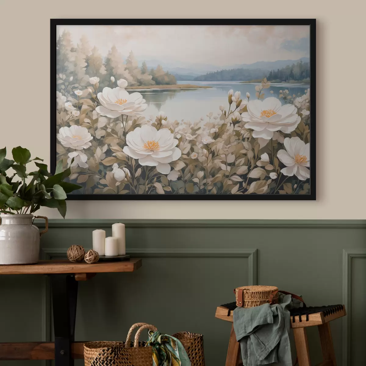 Poster Weiße Blumen auf Fluss Hintergrund f40869