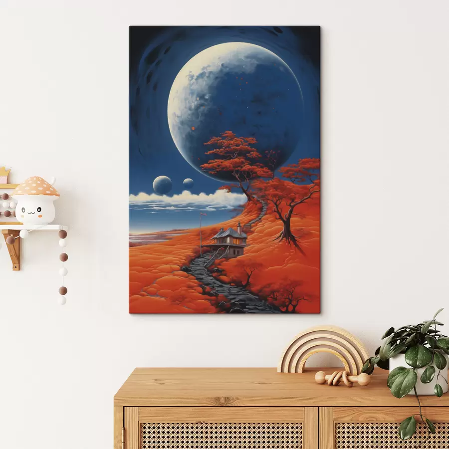 Wandbilder Kosmische Illustration, Planeten, blauer Himmel, Haus auf dem Hügel, Bäume s40946