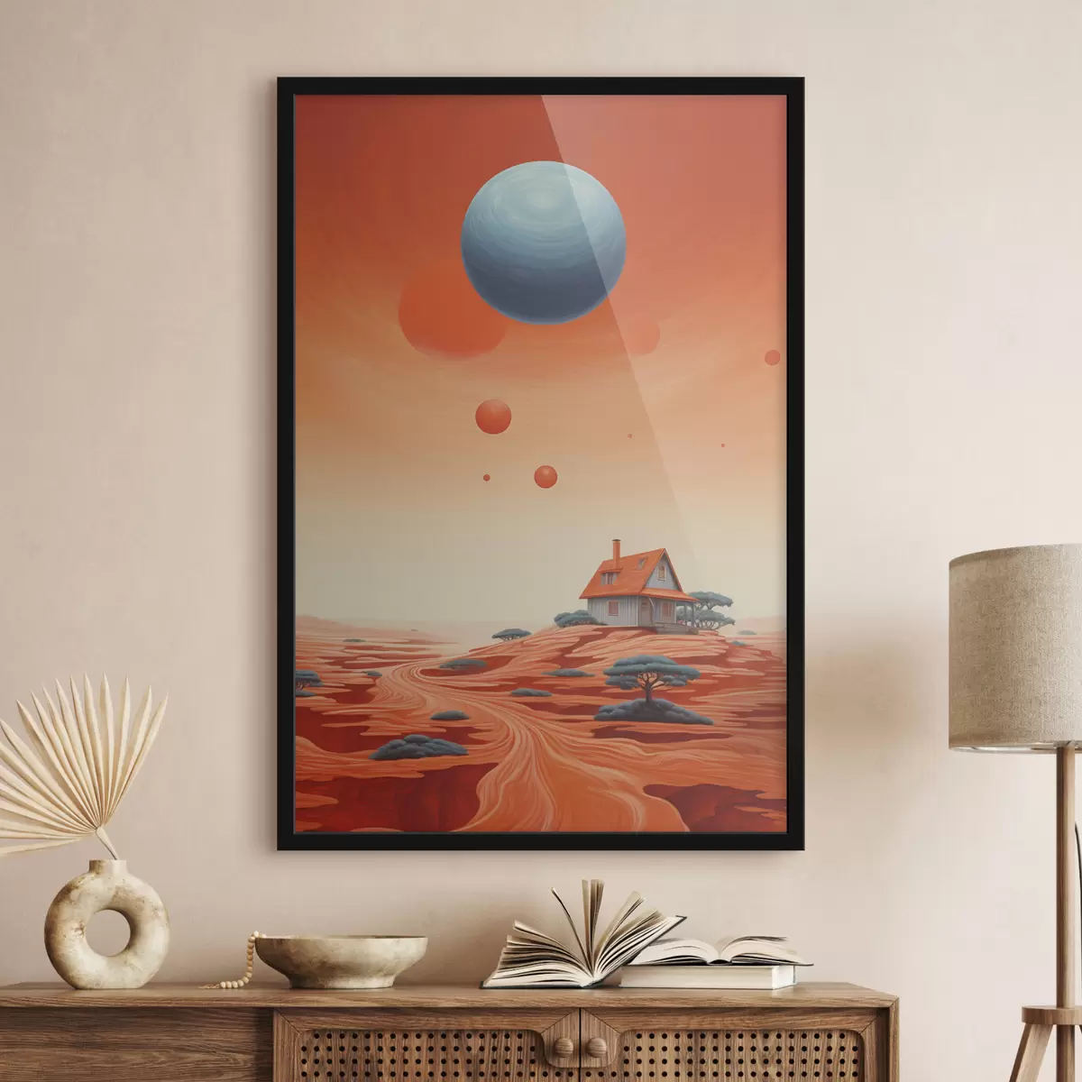 Poster Wüste mit Haus, futuristische Kunst, kosmisch, Planet f40944
