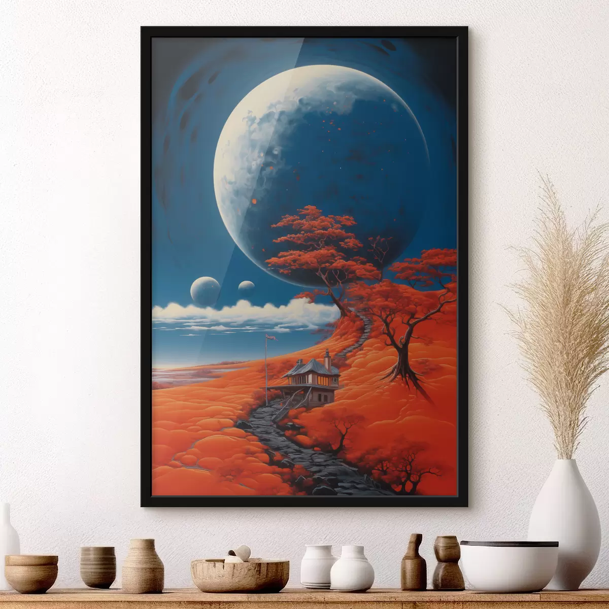 Poster Kosmische Illustration, Planeten, blauer Himmel, Haus auf dem Hügel, Bäume f40946