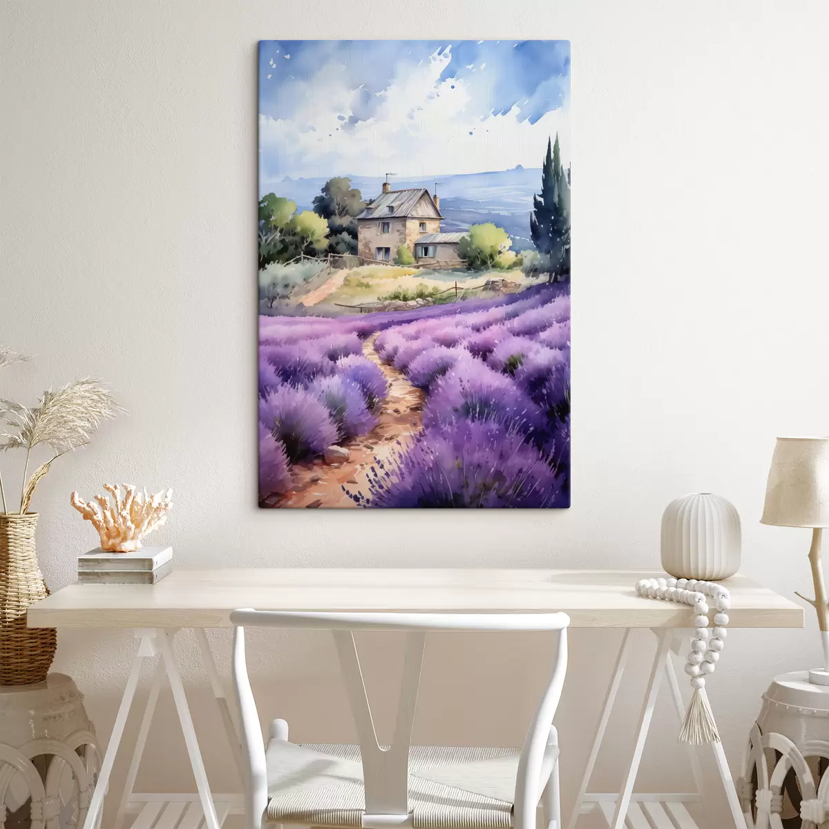 Wandbilder Landhaus mit Bergen im Hintergrund in der Nähe eines Lavendelfeldes s41012