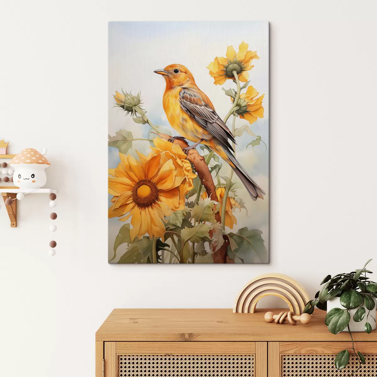 Wandbilder Gelber Vogel auf Sonnenblume sitzend Aquarell s41015