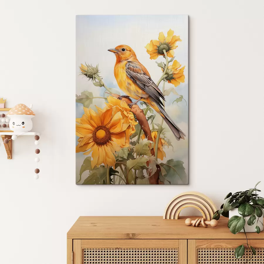 Wandbilder Gelber Vogel auf Sonnenblume sitzend Aquarell s41015