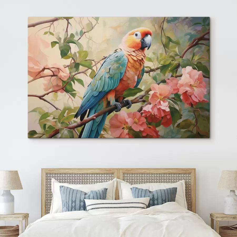 Wandbilder Ara-Papagei sitzt auf einem Zweig mit rosa Blumen s41018