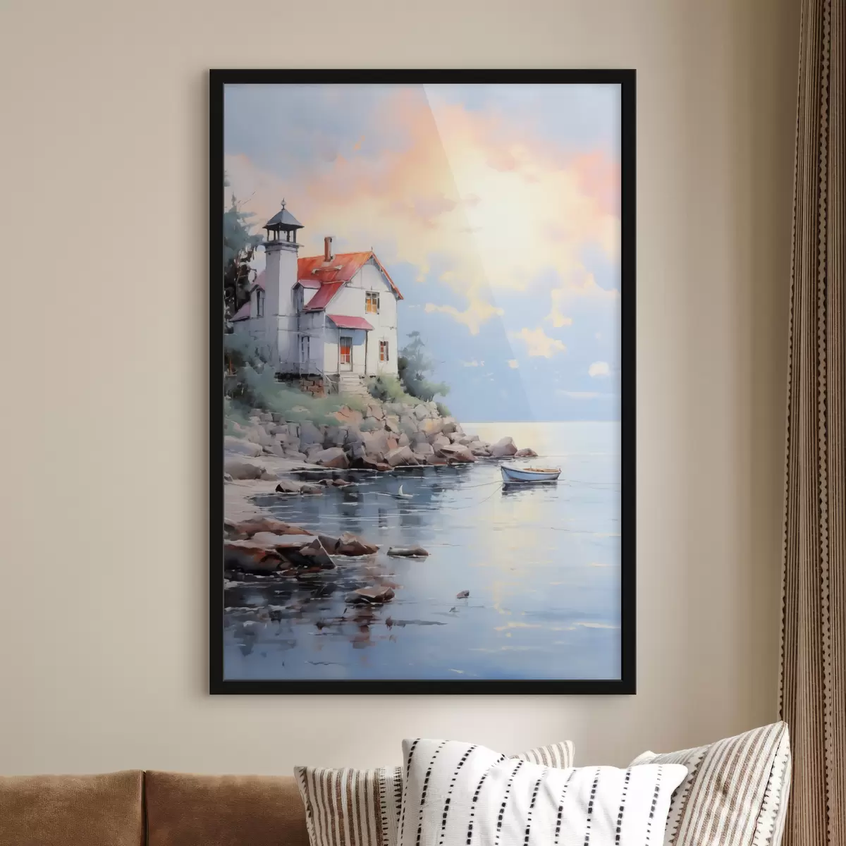 Poster Haus am Strand am Meer bei Sonnenuntergang f41010