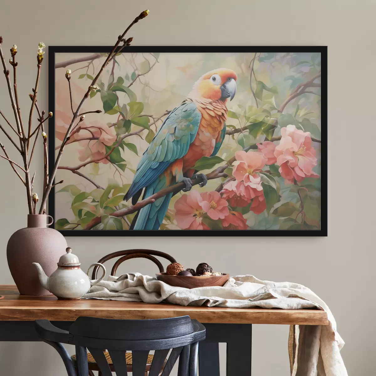 Poster Ara-Papagei sitzt auf einem Zweig mit rosa Blumen f41018