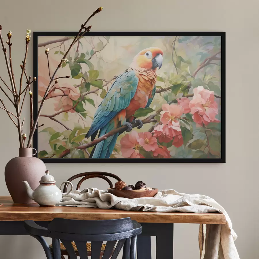 Fototapete Ara-Papagei sitzt auf einem Zweig mit rosa Blumen f41018