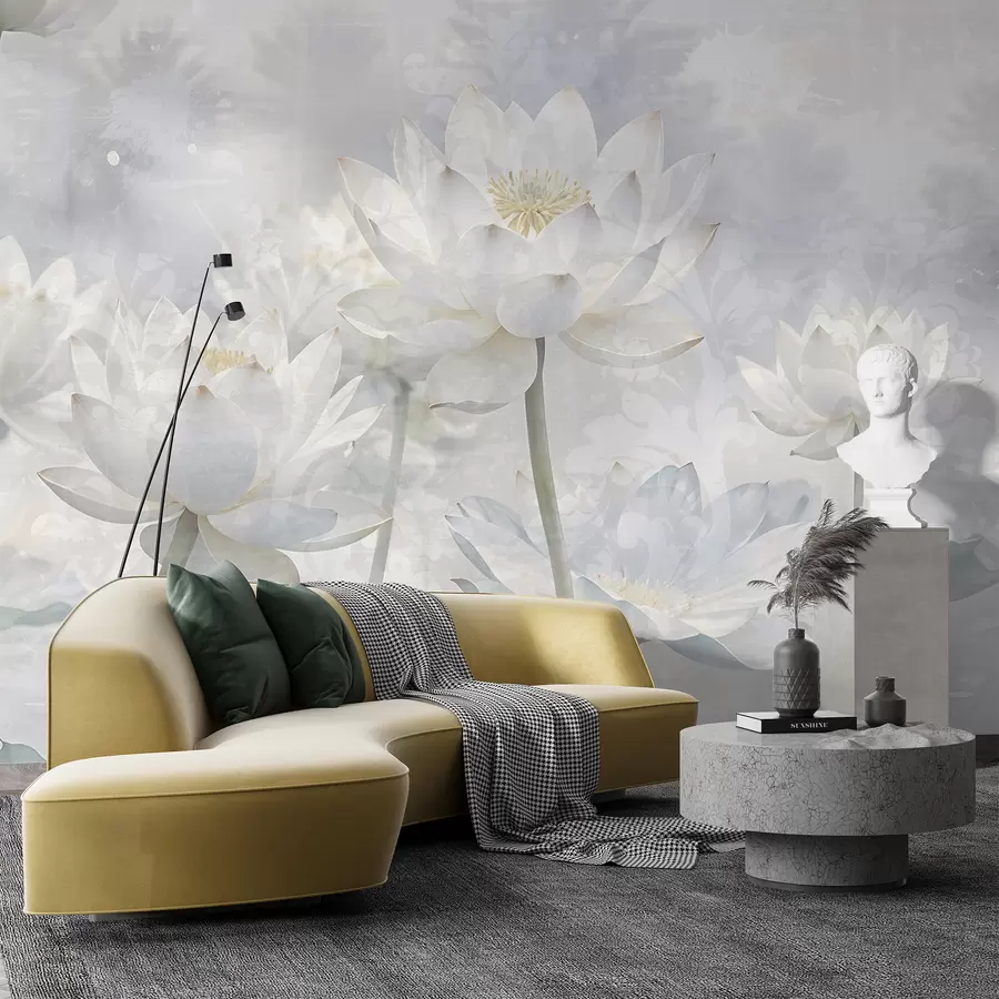 Fototapete Weiße Lotusblumen in einer nebligen, ätherischen abstrakten Pastell Landschaft Hintergrund w08328