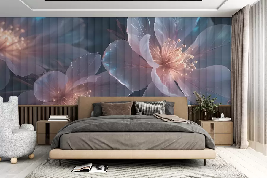 Fototapete Zarte rosa und blaue transparente Blüten mit weichen, verschwommenen Blütenblättern und leuchtenden Zentren vor einem dunklen Hintergrund w08329