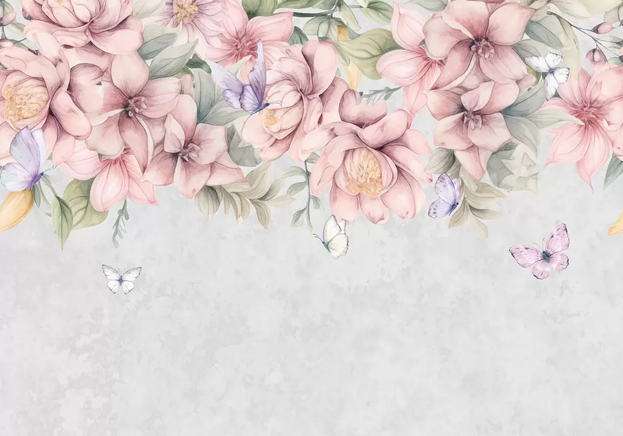 Fototapete Zarte rosa und weiße Blumen mit zarten Blüten und Blättern auf strukturiertem grauem Hintergrund w08331