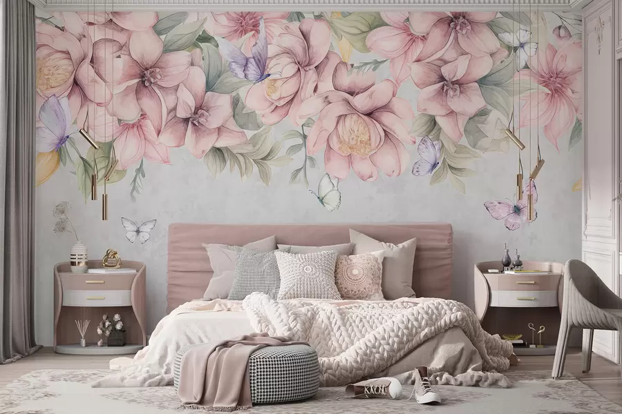 Fototapete Zarte rosa und weiße Blumen mit zarten Blüten und Blättern auf strukturiertem grauem Hintergrund w08331