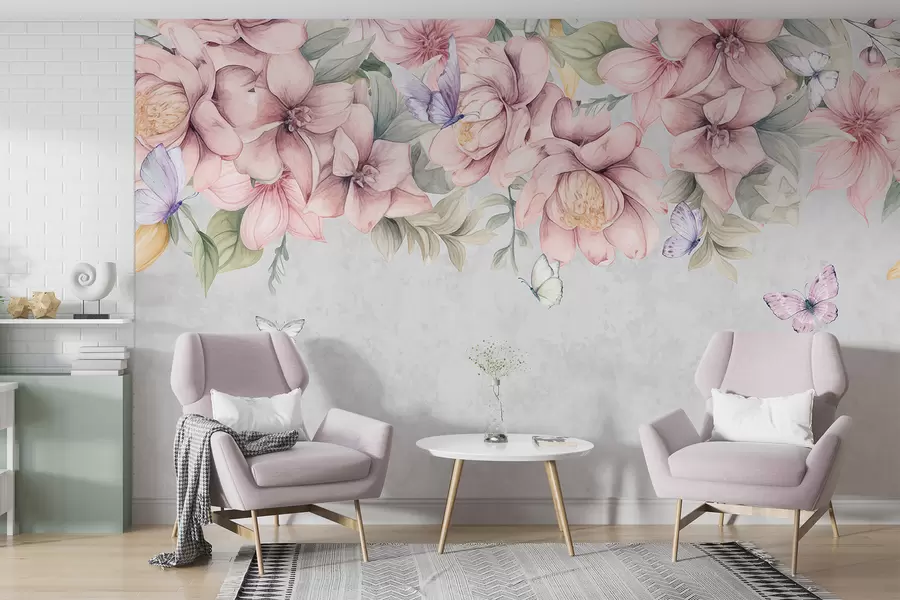 Fototapete Zarte rosa und weiße Blumen mit zarten Blüten und Blättern auf strukturiertem grauem Hintergrund w08331