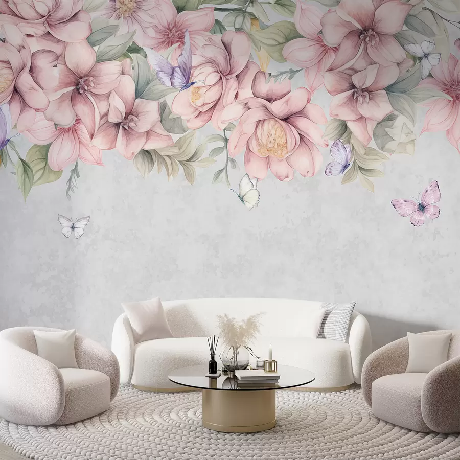 Fototapete Zarte rosa und weiße Blumen mit zarten Blüten und Blättern auf strukturiertem grauem Hintergrund w08331