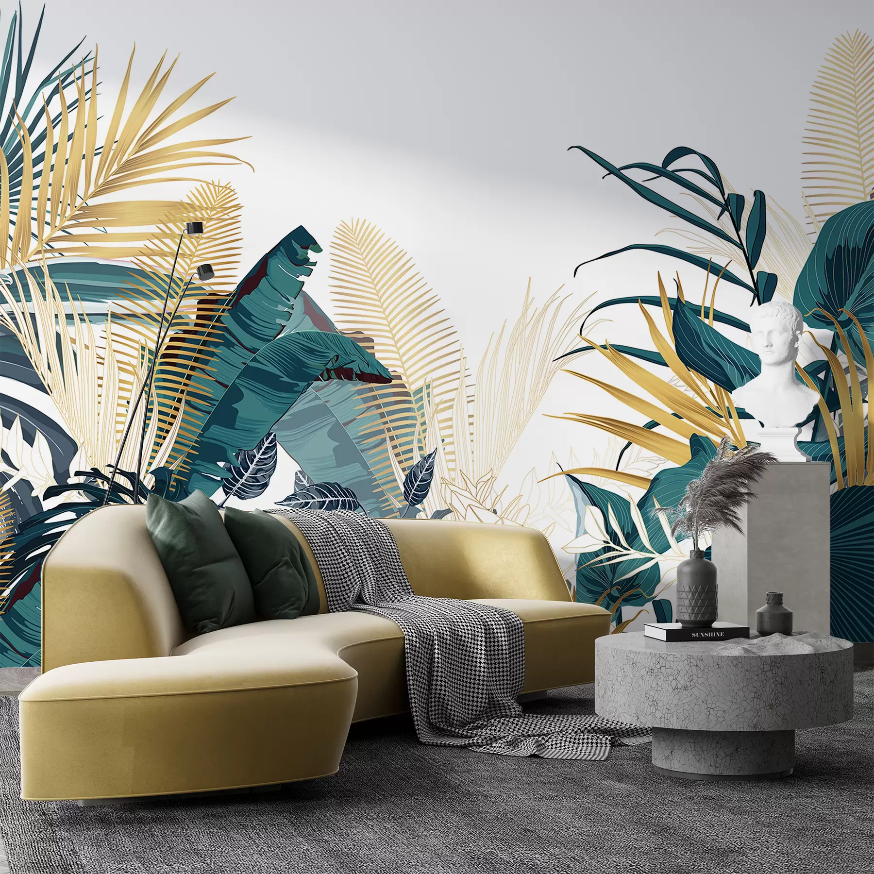 Fototapete Tropisches, üppiges grünes Laub, darunter Palmenblätter, Farne und andere exotische Pflanzen in dunklen Grün- und Orangetönen w08338