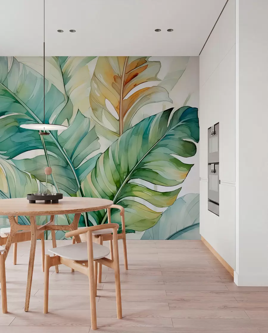 Fototapete Tropische Bananenpalmenblätter nasses Aquarell w01775