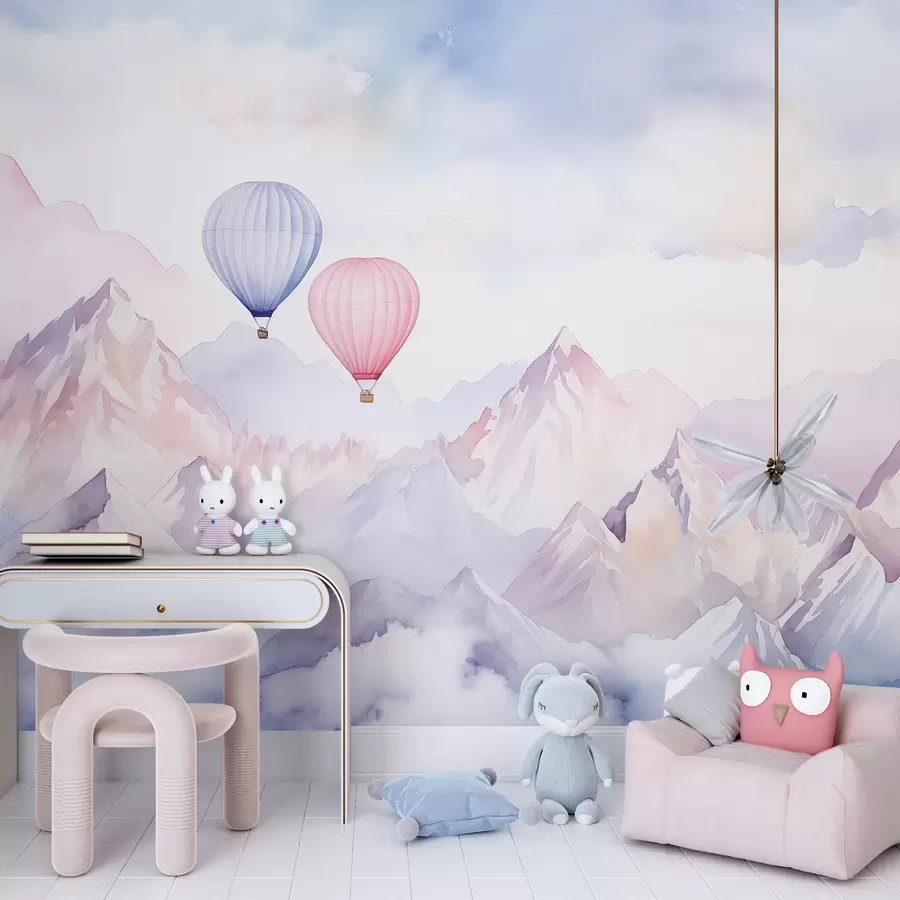 Fototapete Aquarell Berge mit Luftballons, ätherisch w01786
