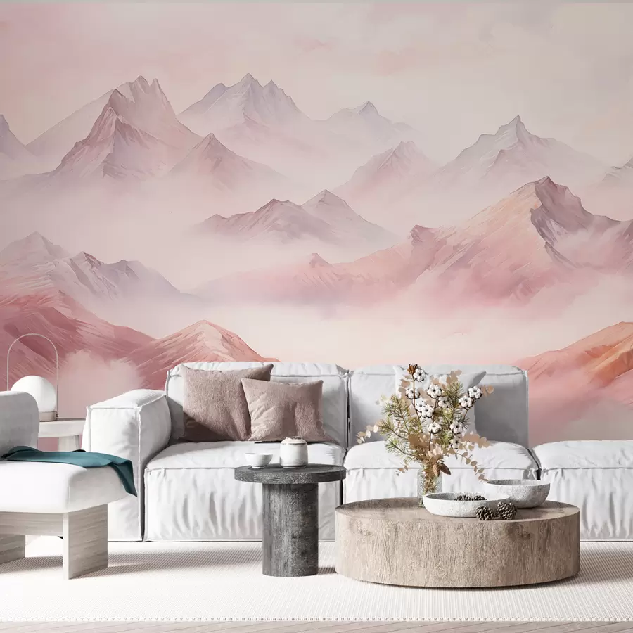 Fototapete Berge mit Wolken, Aquarell, weiche beige und rosa Farben w01790