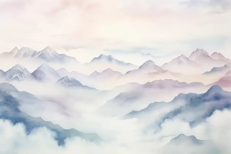 Fototapete Ätherische Berglandschaft, Wolken, Aquarell w01791