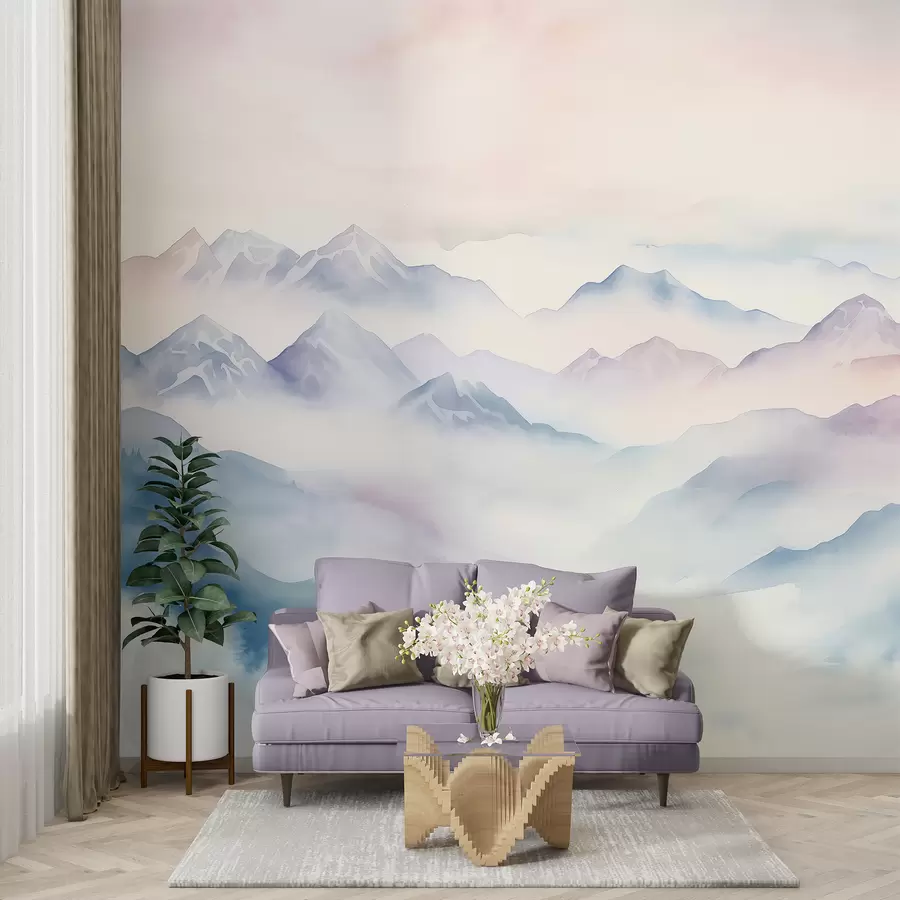 Fototapete Ätherische Berglandschaft, Wolken, Aquarell w01791