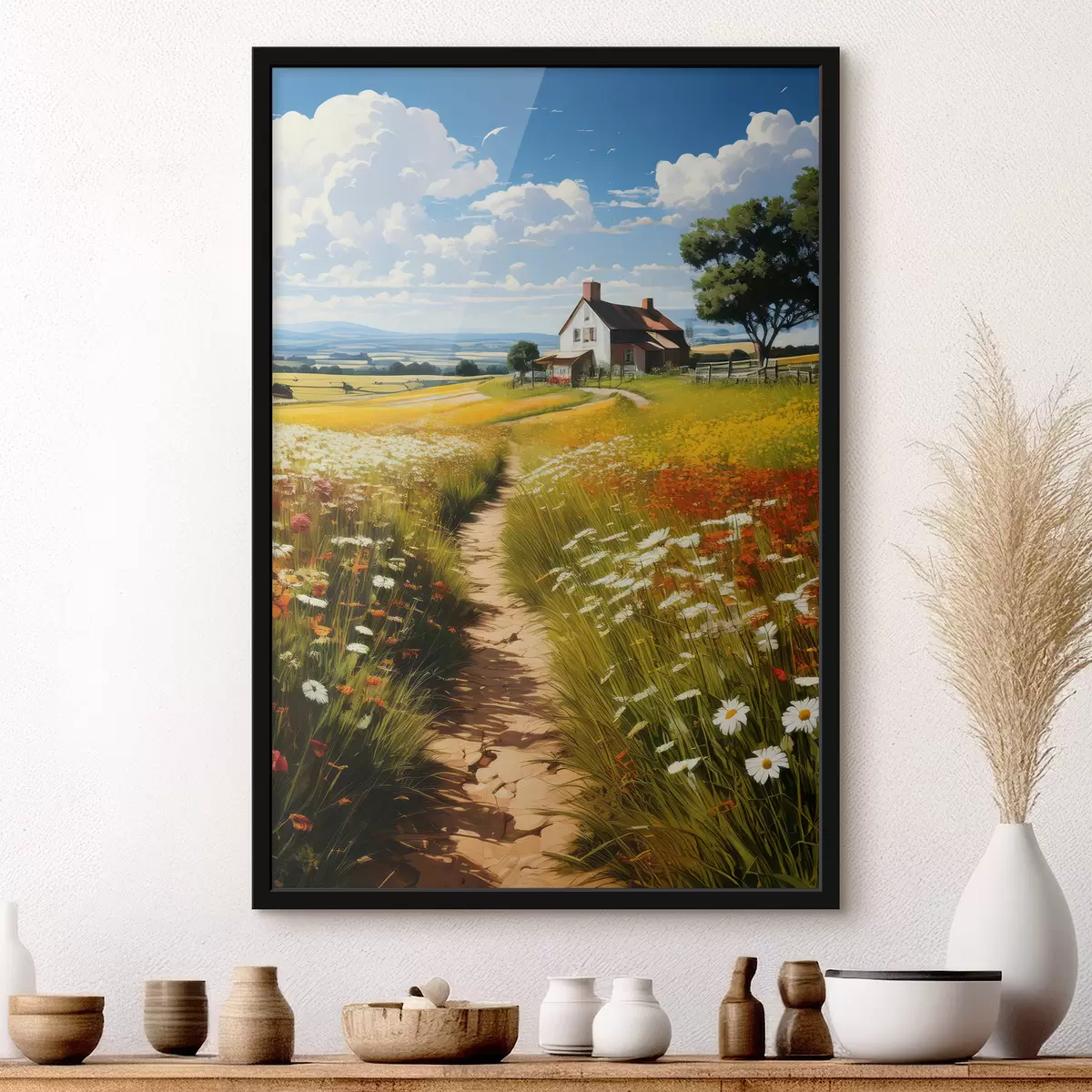 Poster ein Weg durch ein blühendes Feld und ein Haus f41109