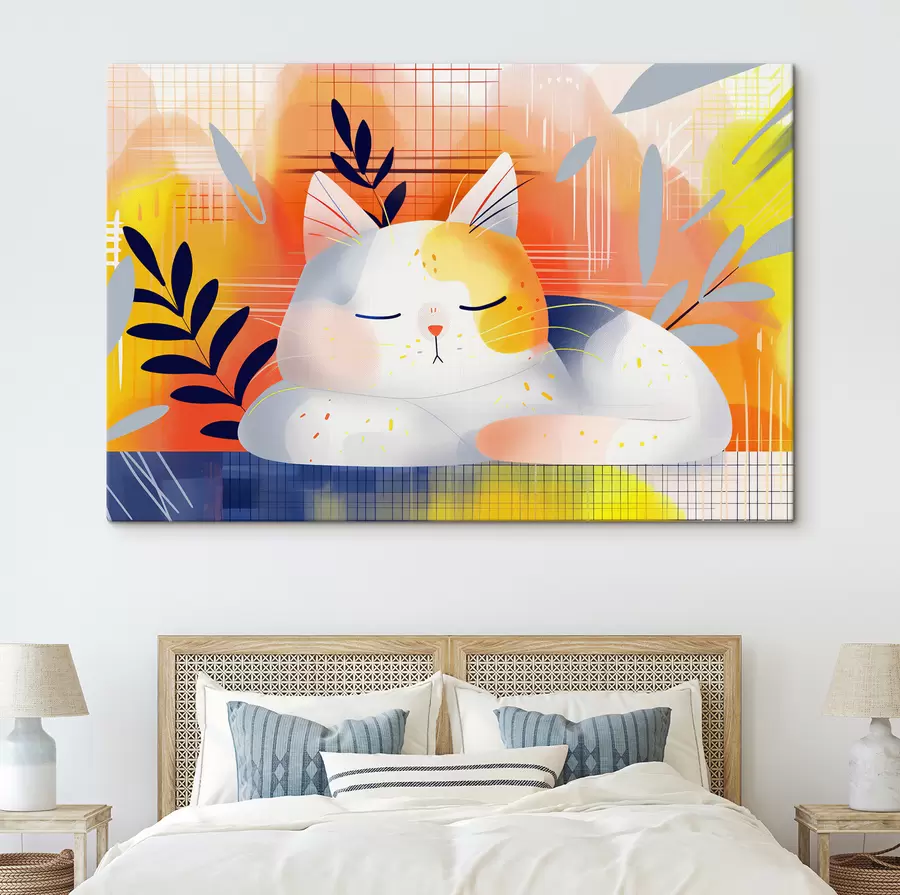 Wandbilder Eine niedliche Katze, die zwischen Pflanzen schläft, in einem grafischen Stil s40956