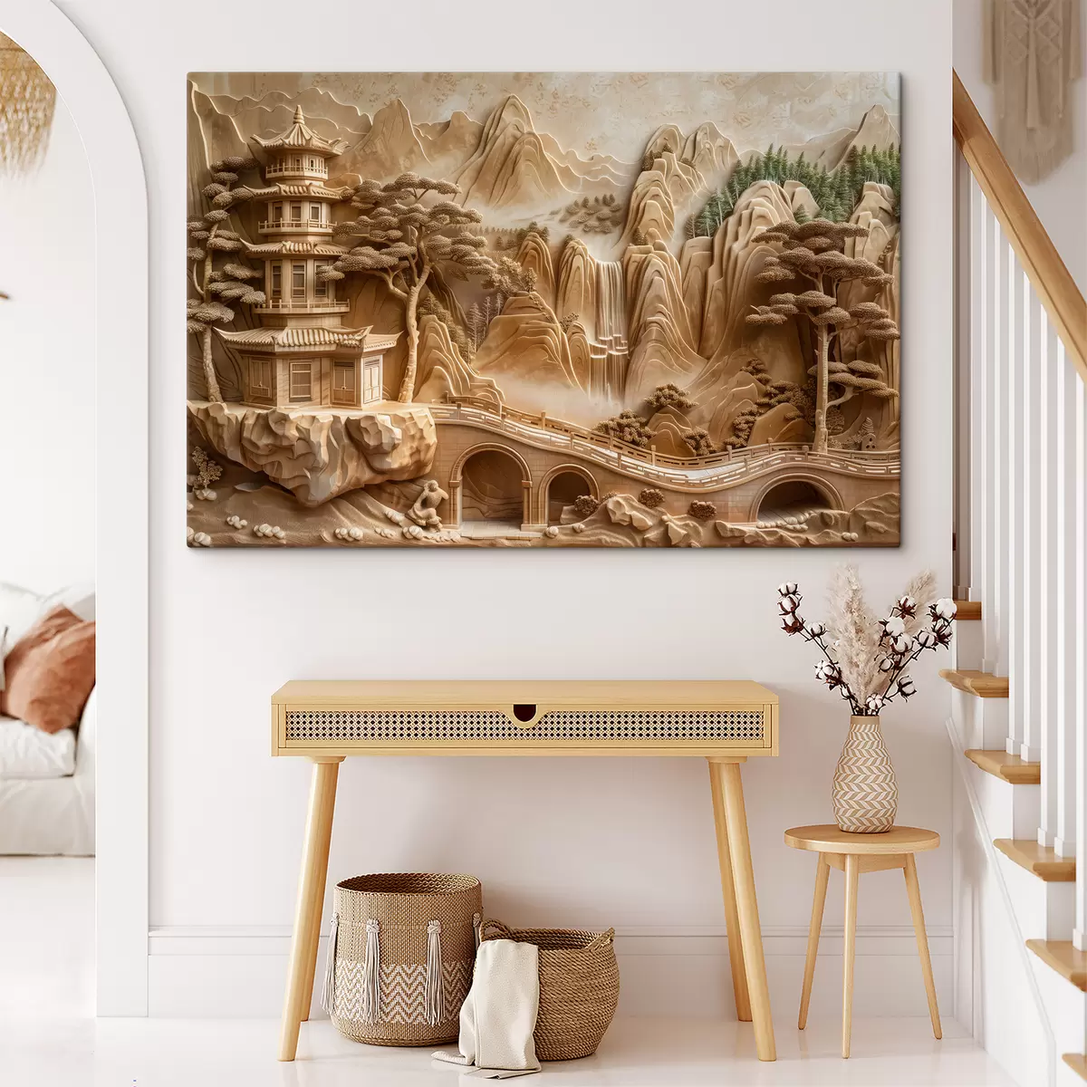 Wandbilder Basrelief-Imitation: Berge mit Bäumen, eine Brücke und ein Tempel, mehrschichtig s40989