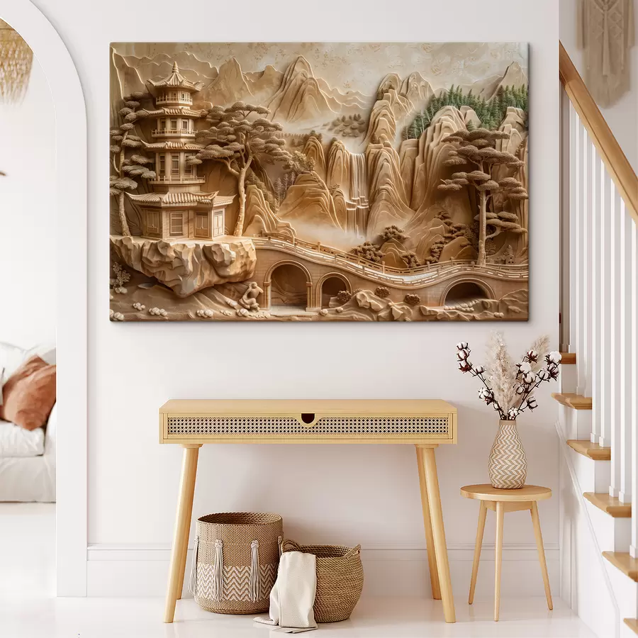 Wandbilder Basrelief-Imitation: Berge mit Bäumen, eine Brücke und ein Tempel, mehrschichtig s40989
