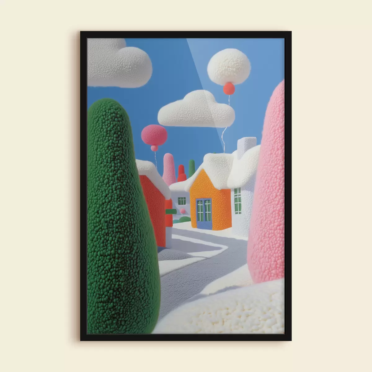 Poster Eine Straße mit Wolken und Filzballons f40970