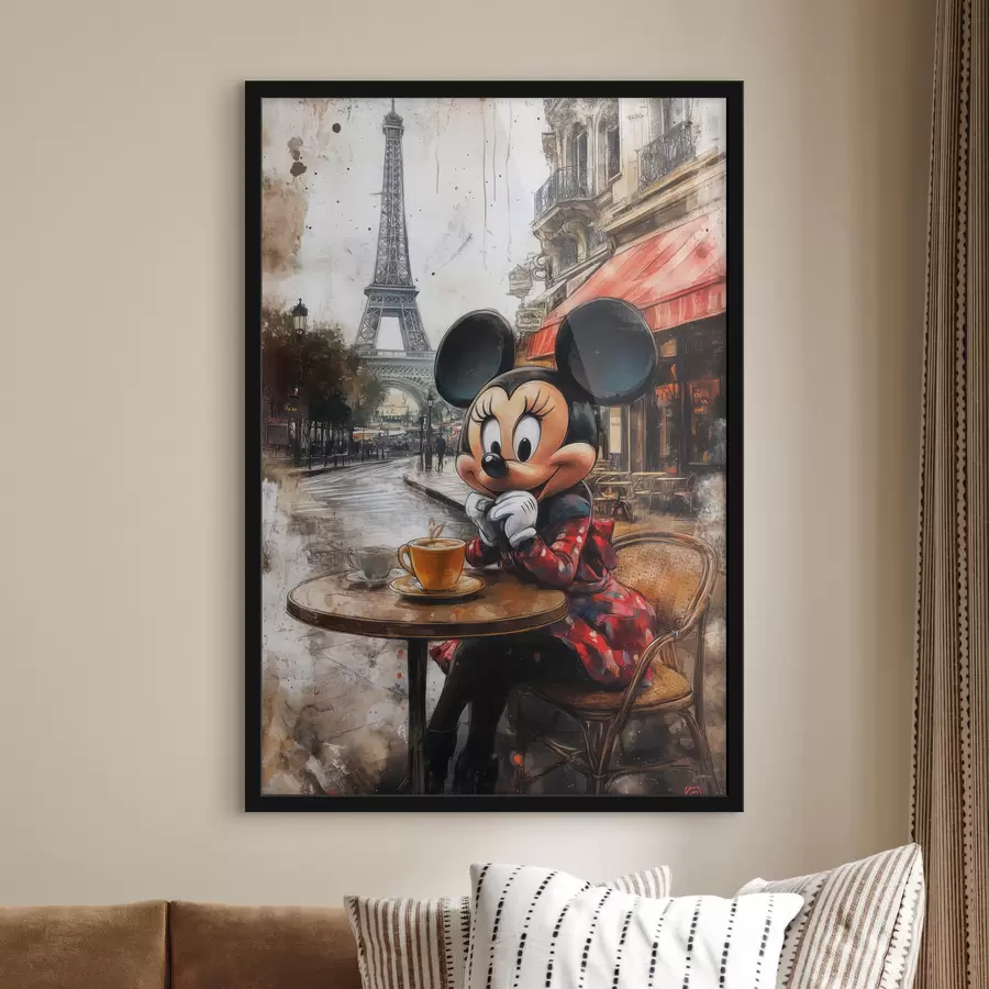 Fototapete Micky-Maus-Mädchen beim Kaffeetrinken vor dem Eiffelturm in Paris f40972