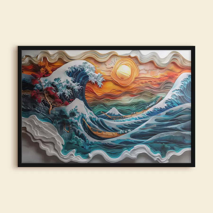 Fototapete Basrelief-Imitation: ein tosendes Meer mit Booten und Sonne f40976